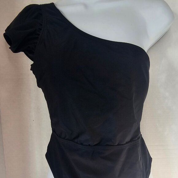 Black One Shoulder Ruffle 1 PC Clasp Back Cheeky Back SZ M - Picture 1 of 4